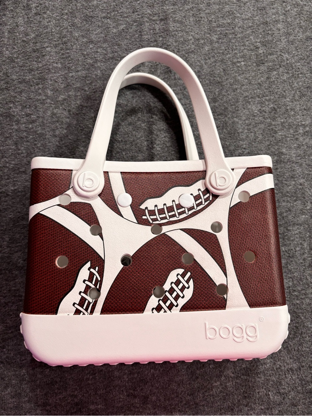 NWT Bitty Bogg Bag Football Print White EVA Tote Carryall Game Day